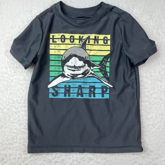 OshKosh Swim Shirt Shark Motif Sz 3T. Grey Looking Sharp. Blue Yellow Green - Picture 1 of 5